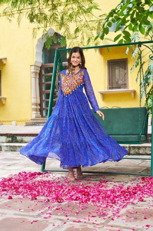 Womenline Festive Blue Ethnic Gown With Colorful Mirror Work