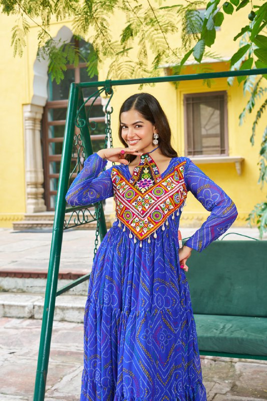 Womenline Festive Blue Ethnic Gown With Colorful Mirror Work
