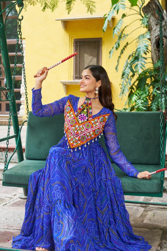 Womenline Festive Blue Ethnic Gown With Colorful Mirror Work