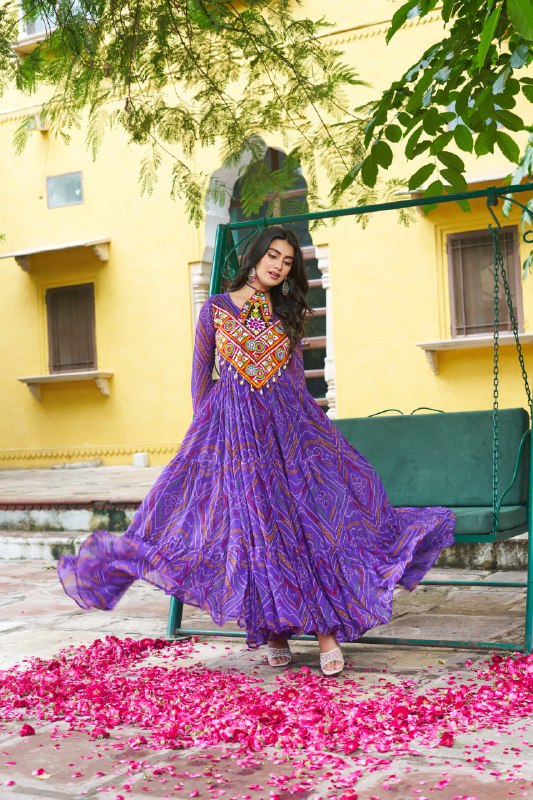 Womenline Festive Purple Ethnic Gown With Colorful Mirror Work