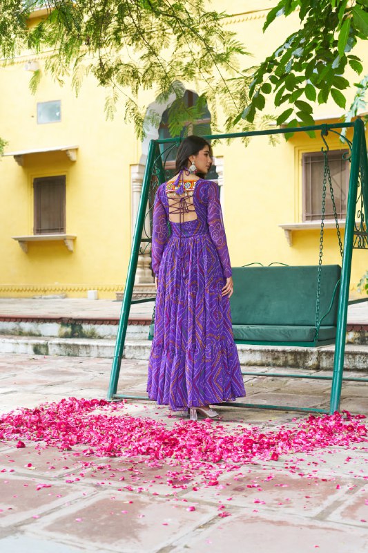 Womenline Festive Purple Ethnic Gown With Colorful Mirror Work