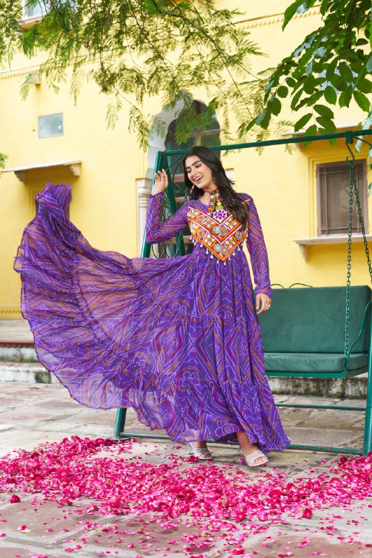 Womenline Festive Purple Ethnic Gown With Colorful Mirror Work