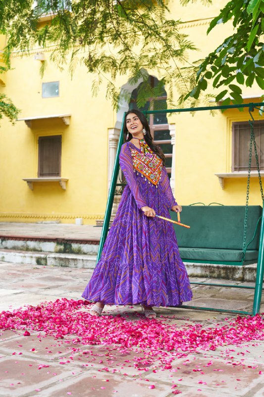 Womenline Festive Purple Ethnic Gown With Colorful Mirror Work