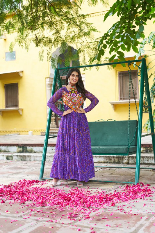 Womenline Festive Purple Ethnic Gown With Colorful Mirror Work
