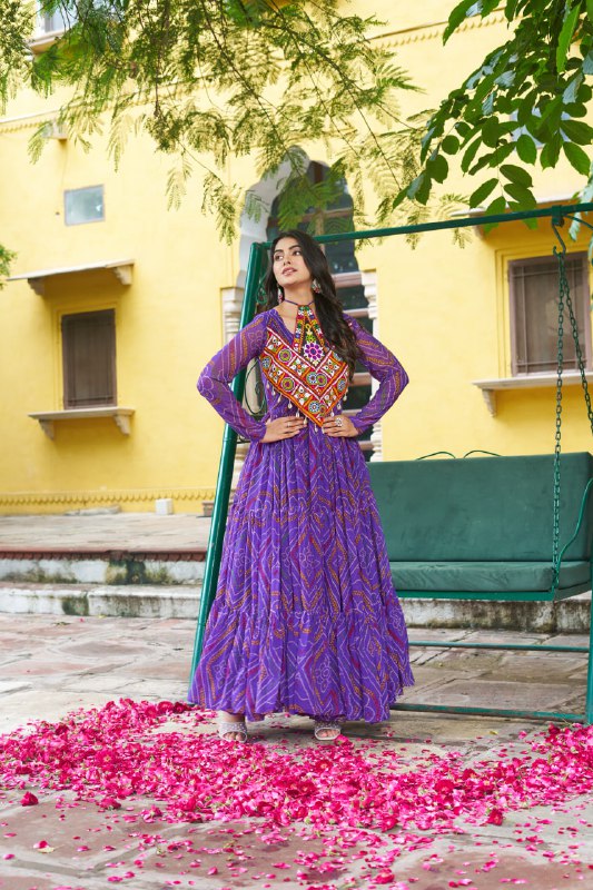 Womenline Festive Purple Ethnic Gown With Colorful Mirror Work