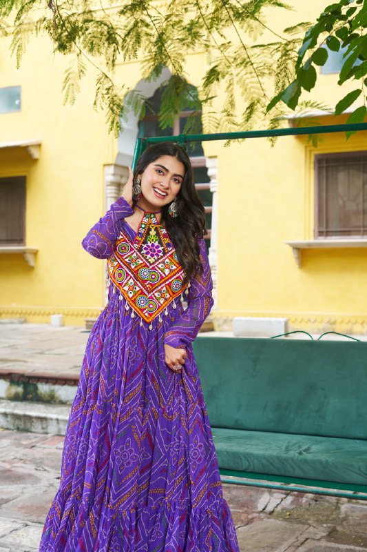 Womenline Festive Purple Ethnic Gown With Colorful Mirror Work