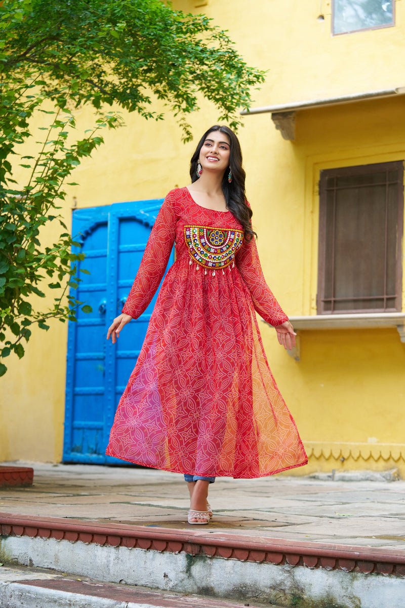 Womenline Festive Red Georgette Printed Kurti With Gamthi Patchwork