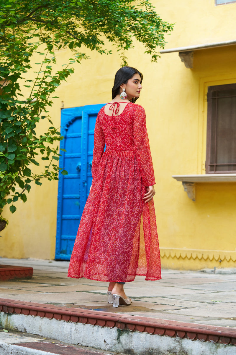 Womenline Festive Red Georgette Printed Kurti With Gamthi Patchwork