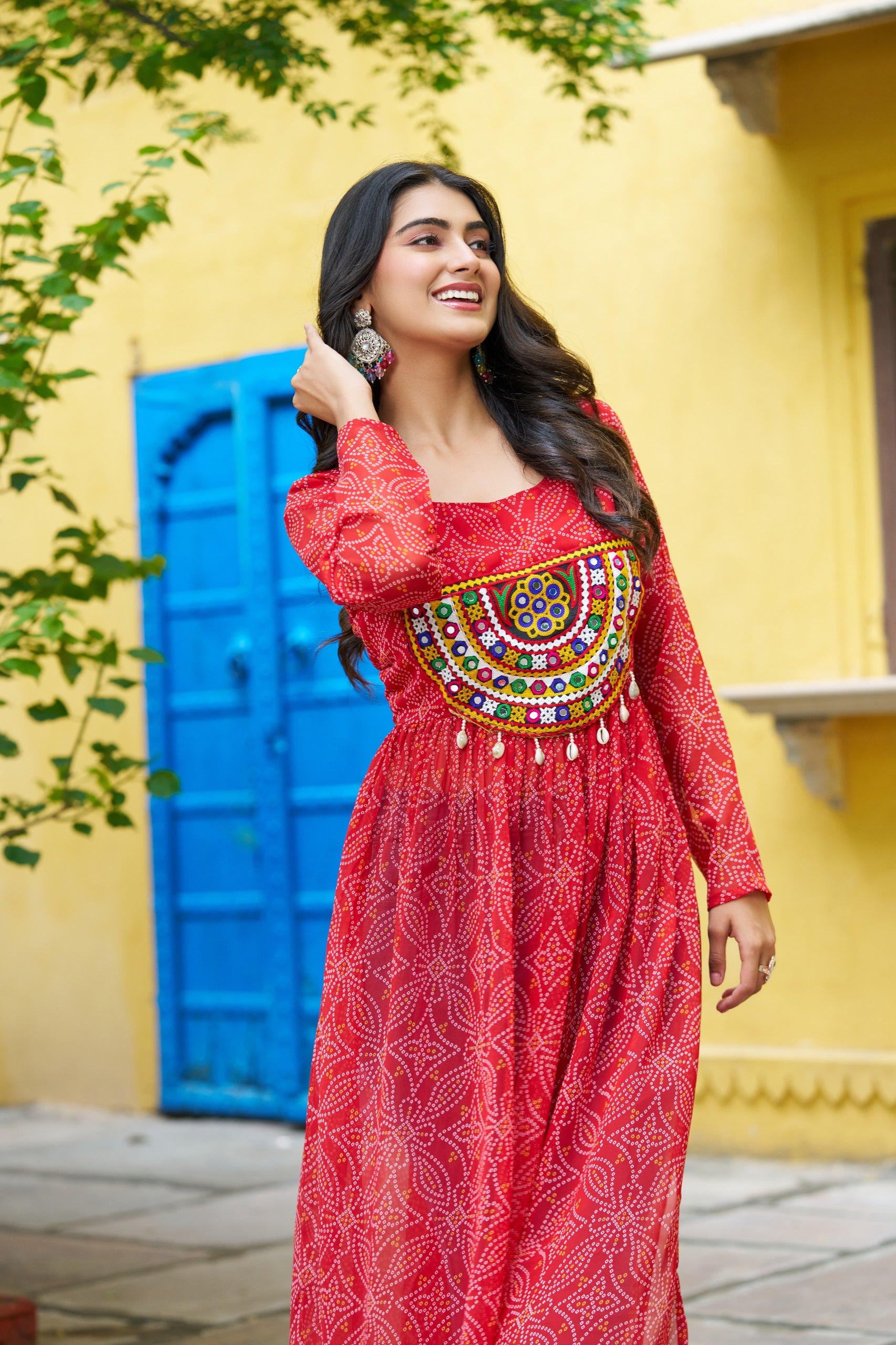 Womenline Festive Red Georgette Printed Kurti With Gamthi Patchwork