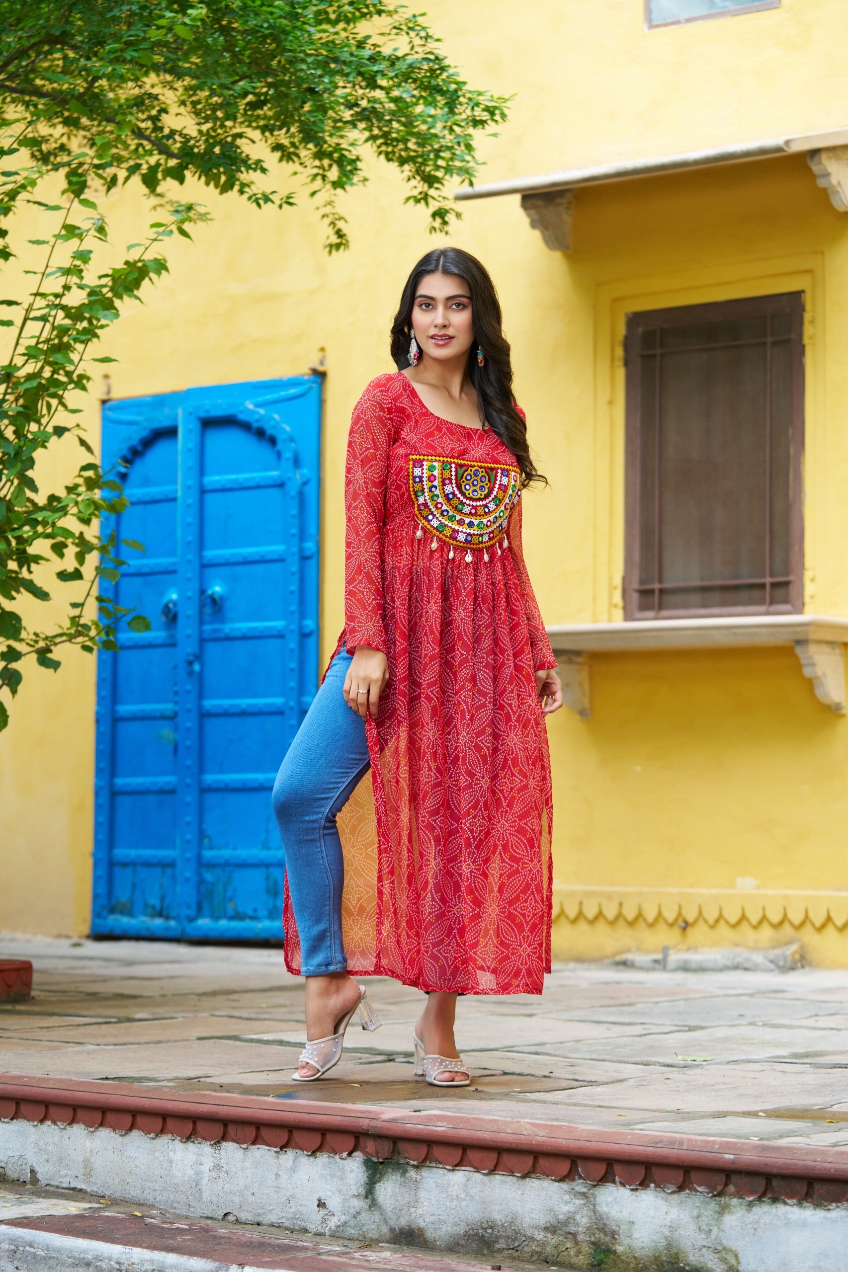 Womenline Festive Red Georgette Printed Kurti With Gamthi Patchwork