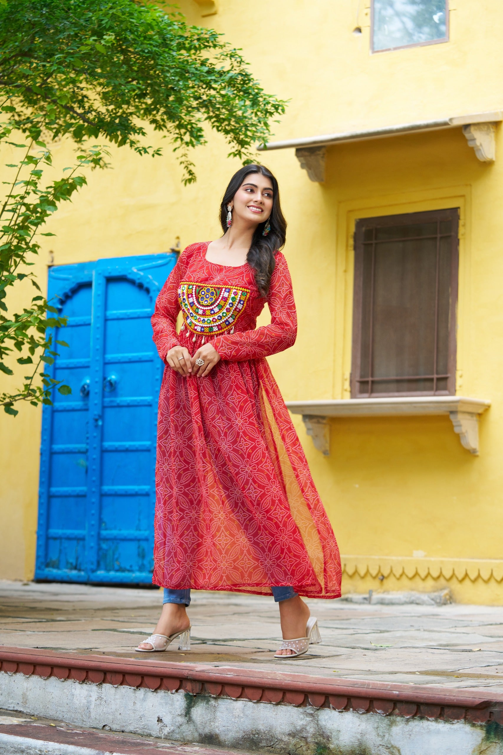 Womenline Festive Red Georgette Printed Kurti With Gamthi Patchwork