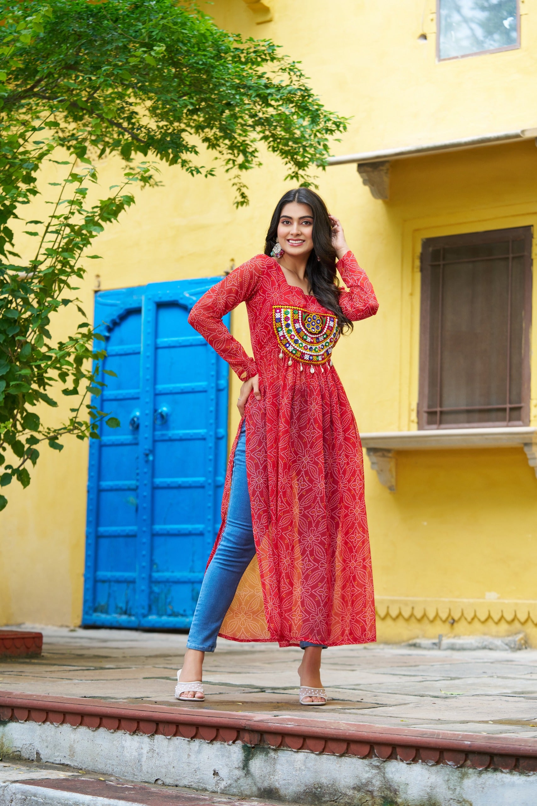 Womenline Festive Red Georgette Printed Kurti With Gamthi Patchwork