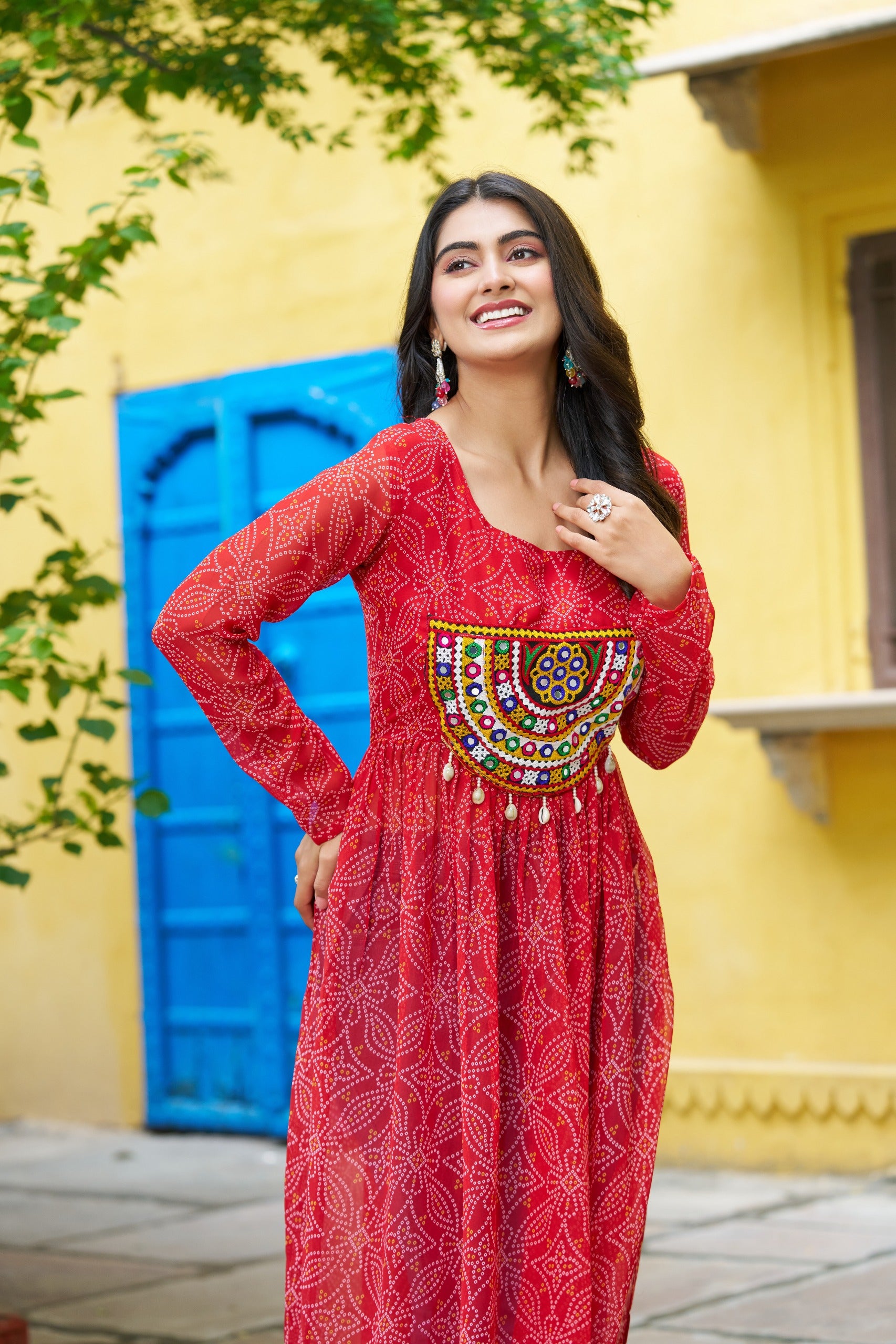 Womenline Festive Red Georgette Printed Kurti With Gamthi Patchwork