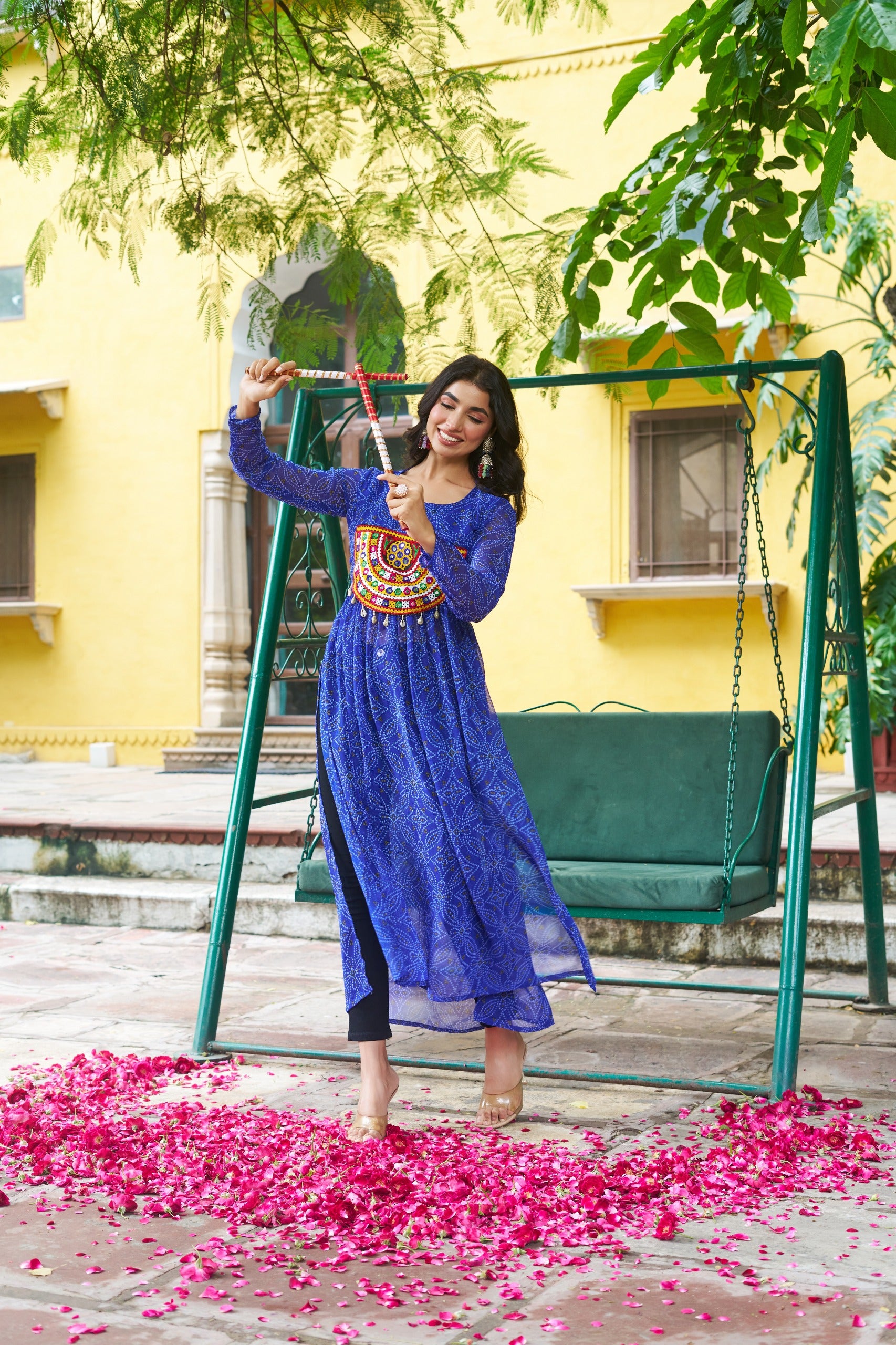 Womenline Festive blue Georgette Printed Kurti With Gamthi Patchwork