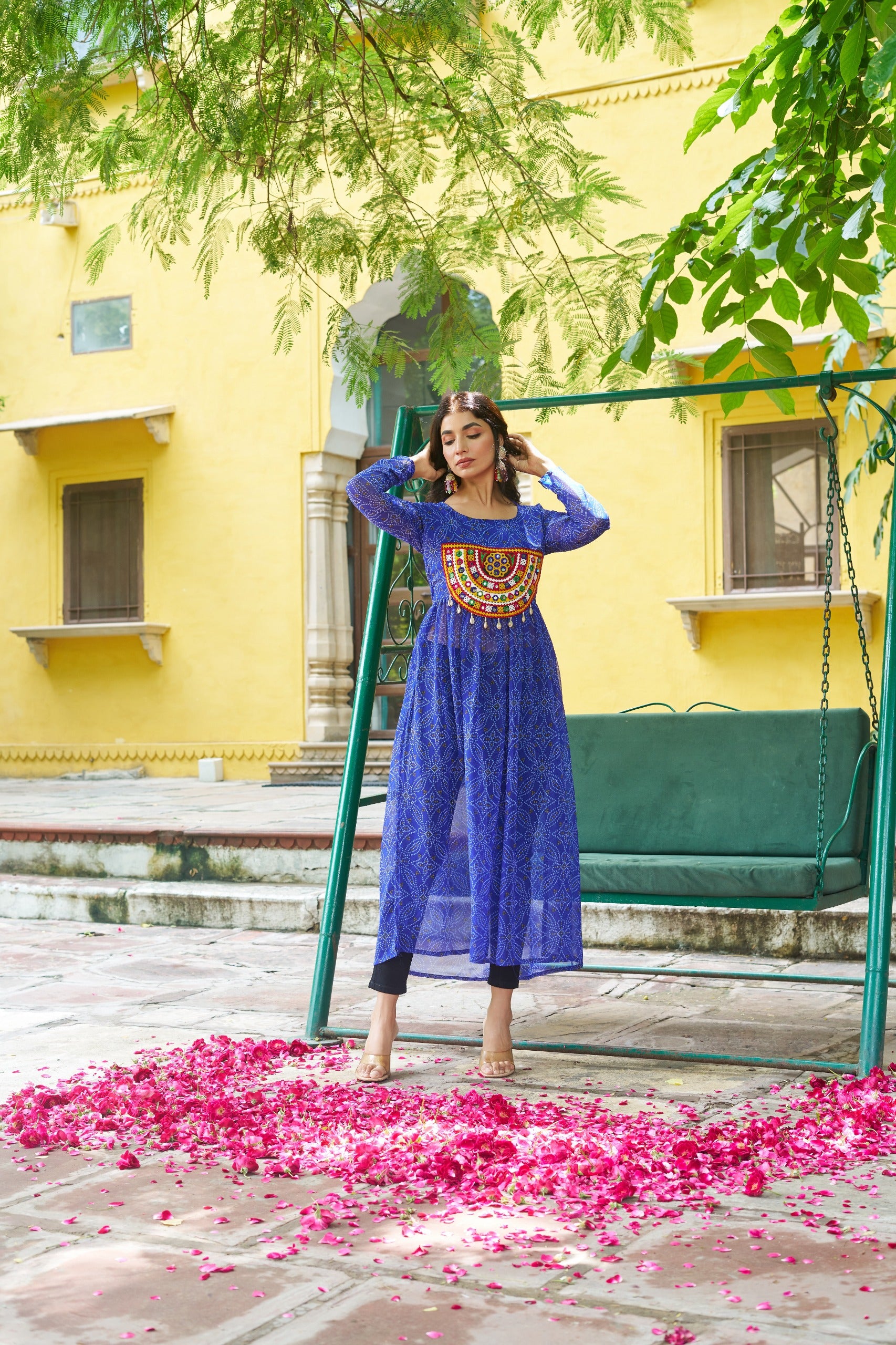 Womenline Festive blue Georgette Printed Kurti With Gamthi Patchwork