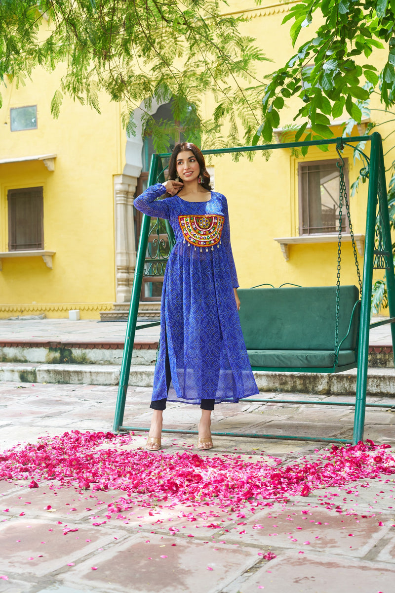 Womenline Festive blue Georgette Printed Kurti With Gamthi Patchwork