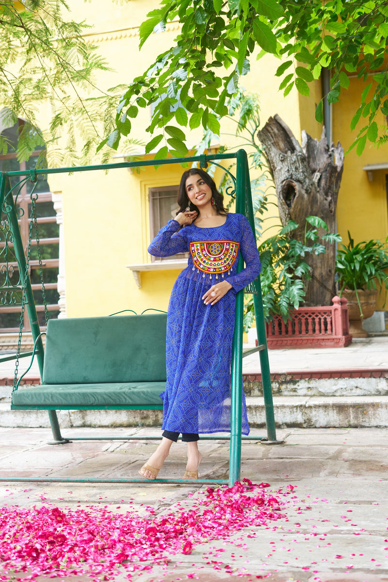 Womenline Festive blue Georgette Printed Kurti With Gamthi Patchwork