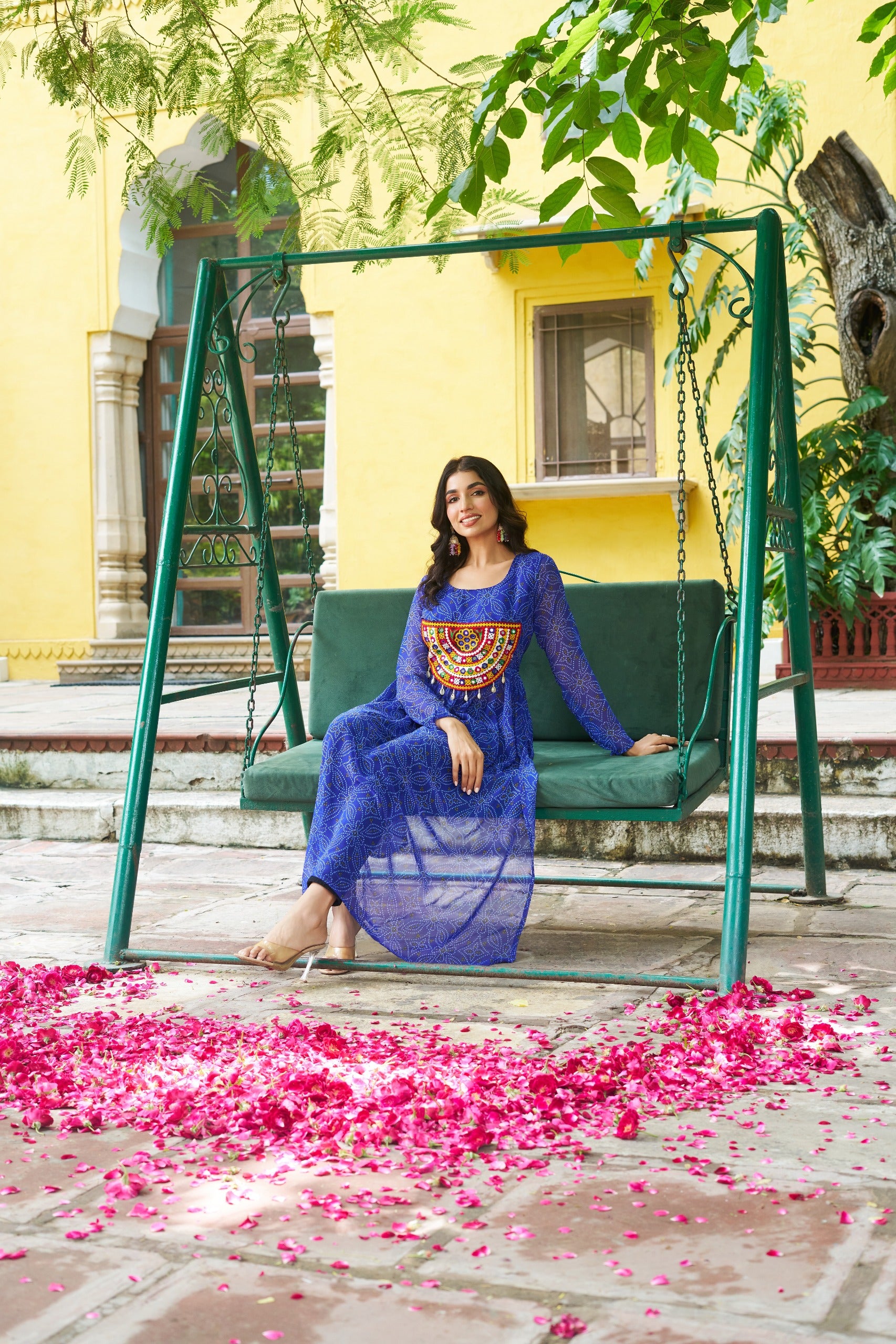 Womenline Festive blue Georgette Printed Kurti With Gamthi Patchwork