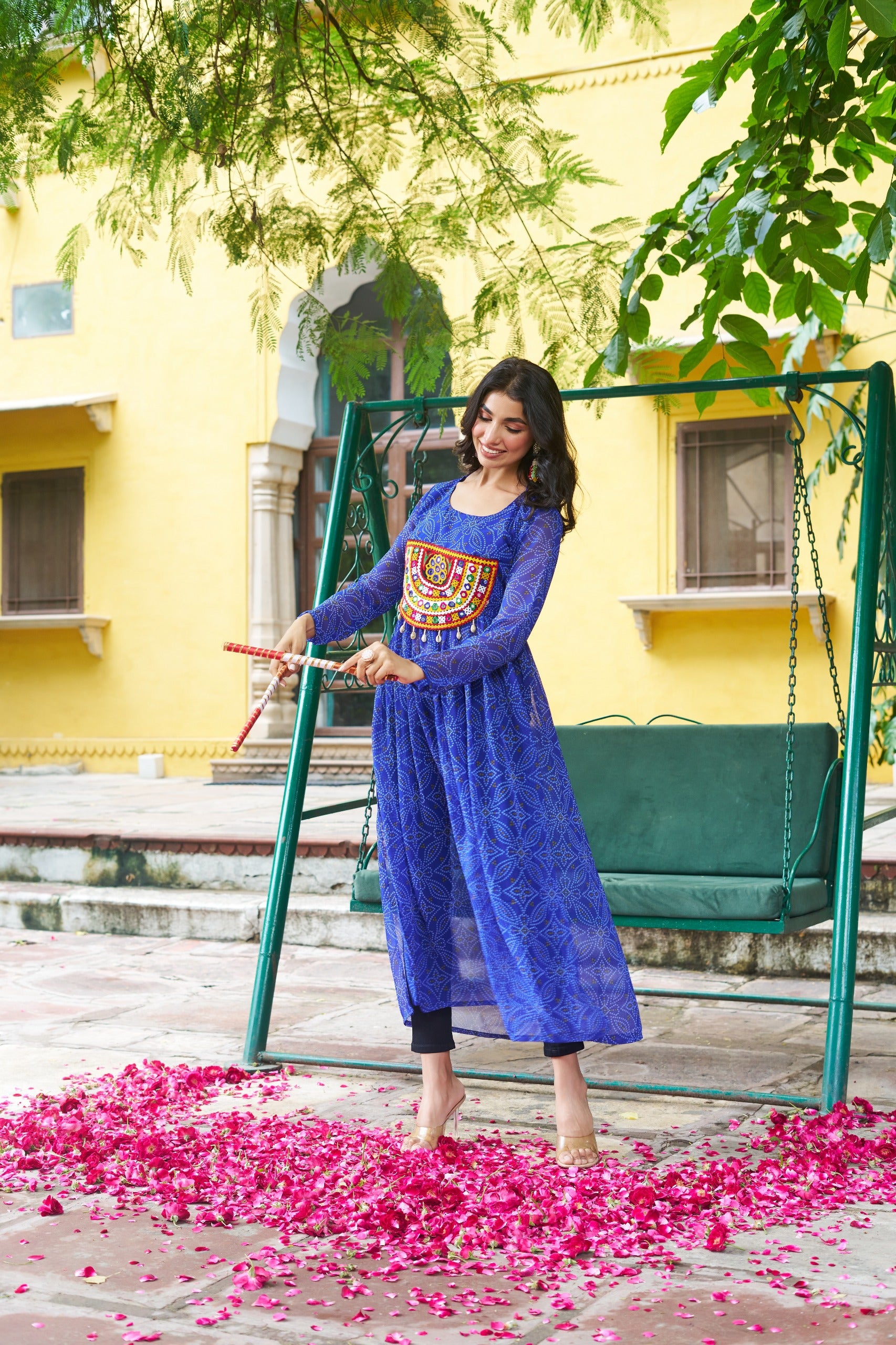 Womenline Festive blue Georgette Printed Kurti With Gamthi Patchwork