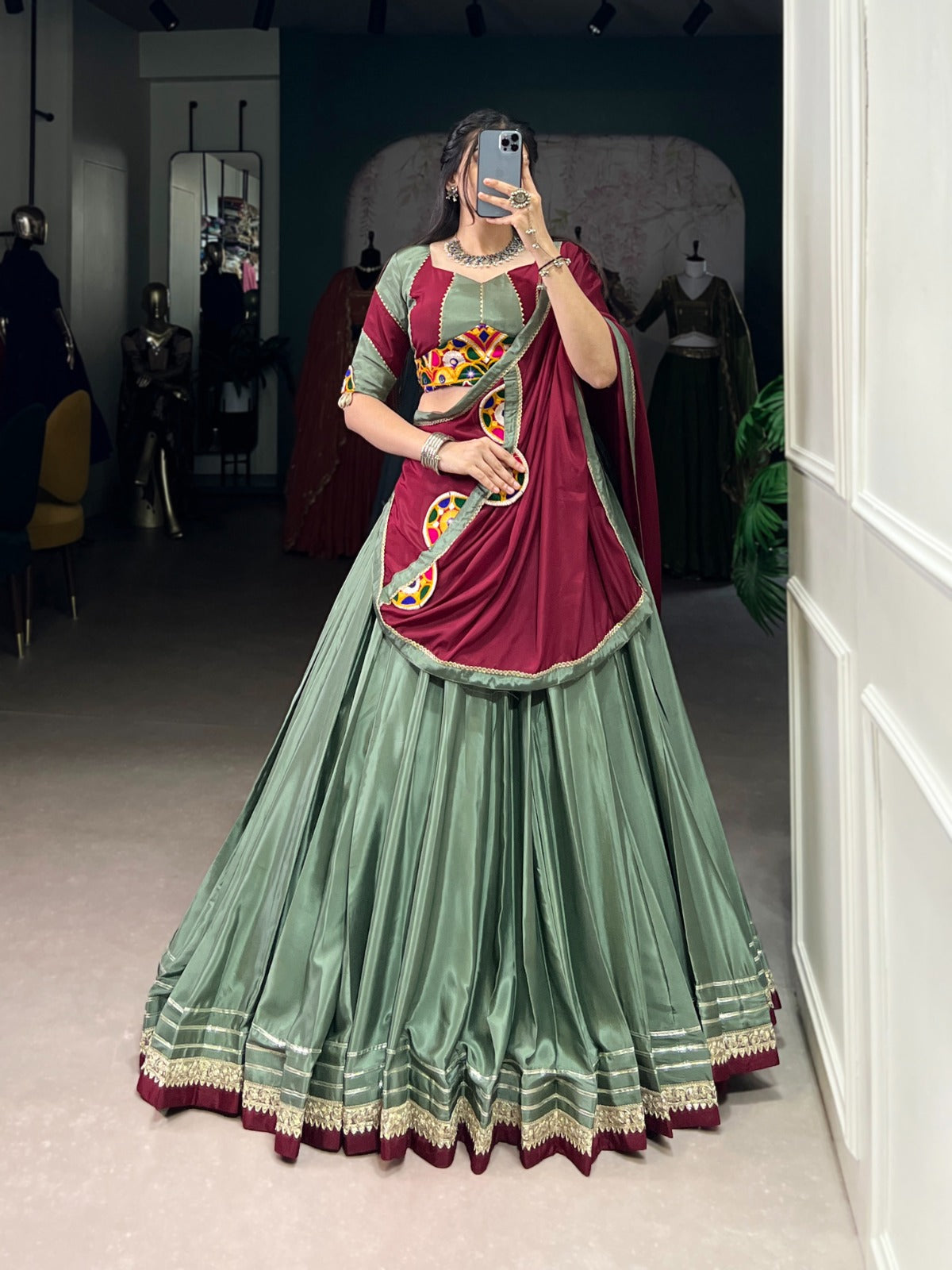 Womenline Graceful Green And Maroon Silk Crape Lehenga Choli With Elegant Dupatta