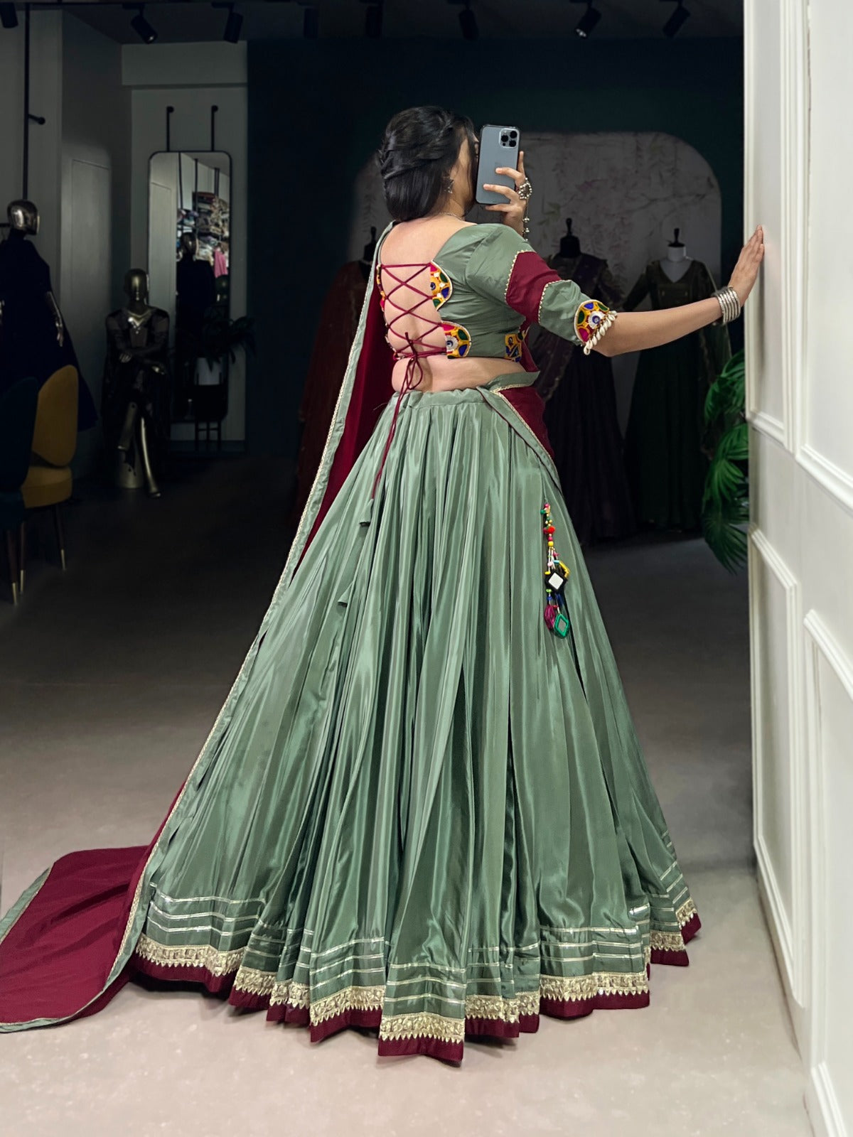 Womenline Graceful Green And Maroon Silk Crape Lehenga Choli With Elegant Dupatta