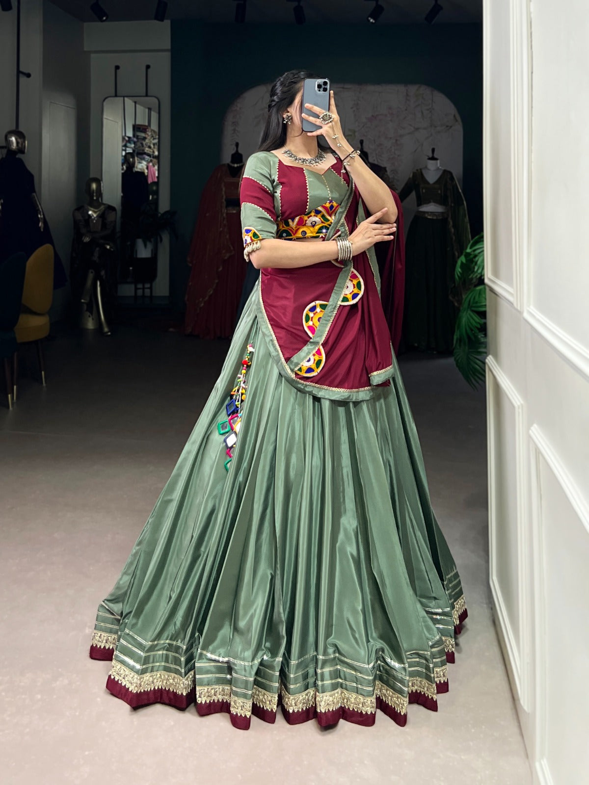 Womenline Graceful Green And Maroon Silk Crape Lehenga Choli With Elegant Dupatta