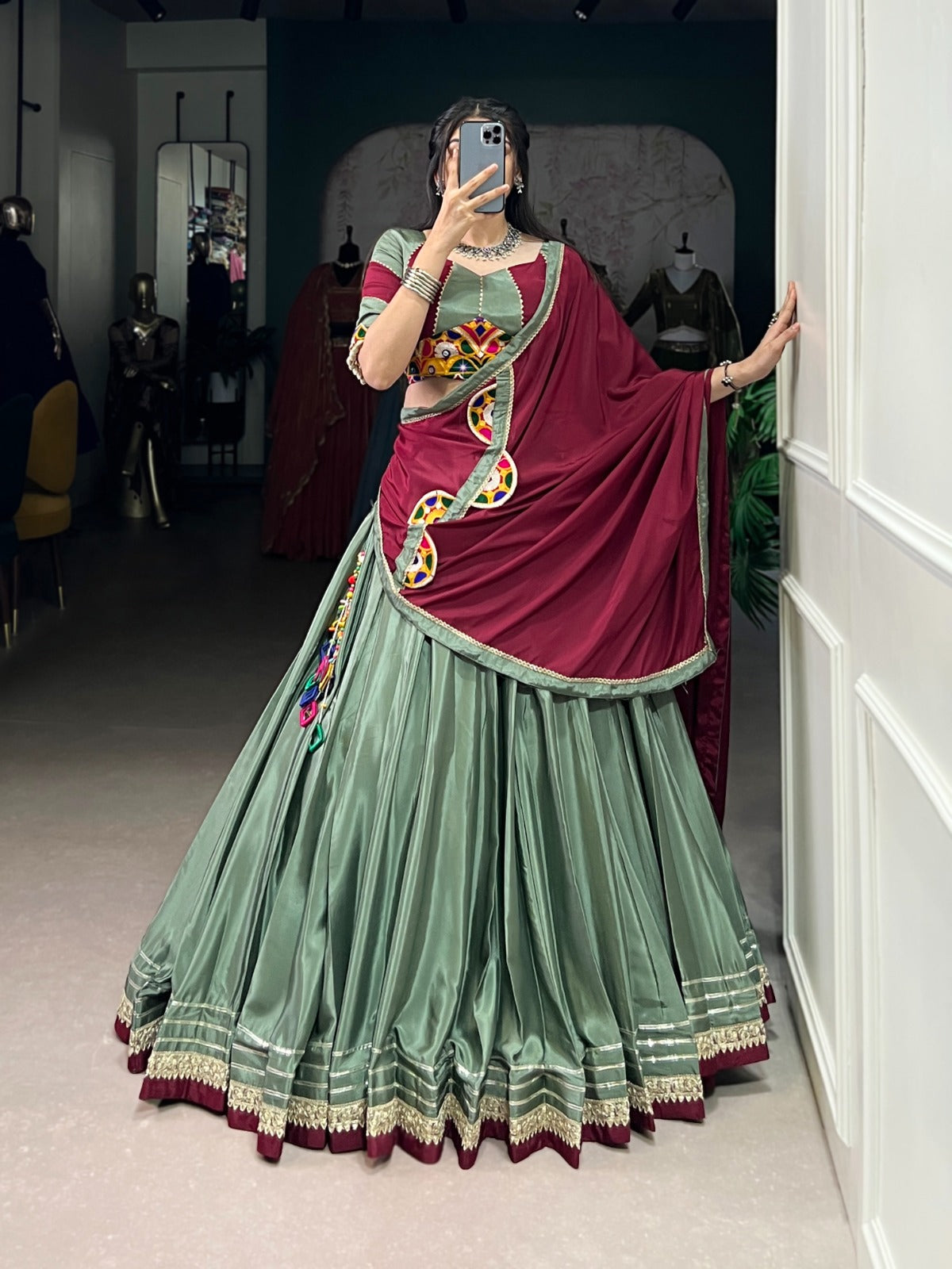 Womenline Graceful Green And Maroon Silk Crape Lehenga Choli With Elegant Dupatta