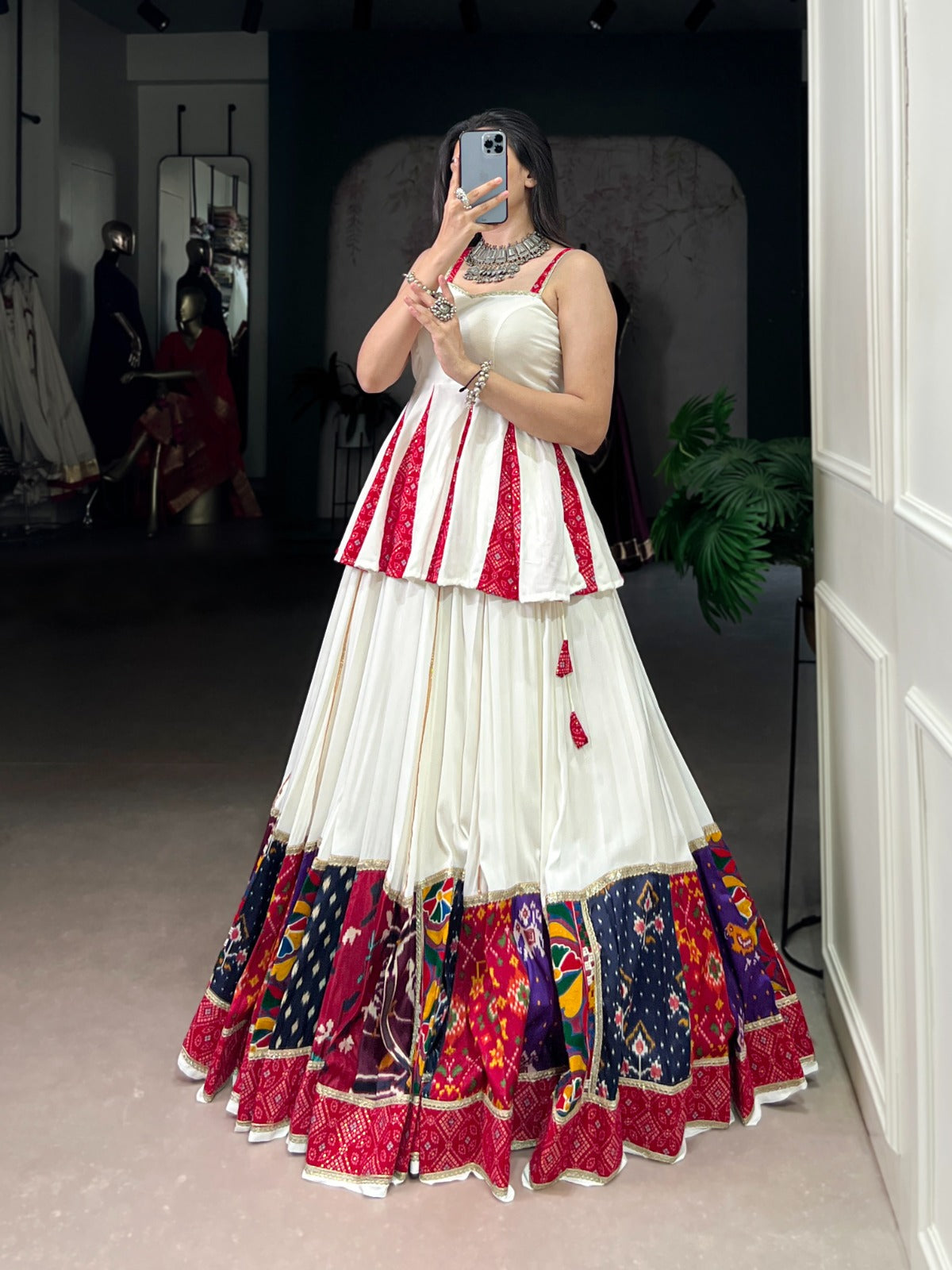 Womenline Graceful White Navratri Lehenga Choli With Traditional Prints