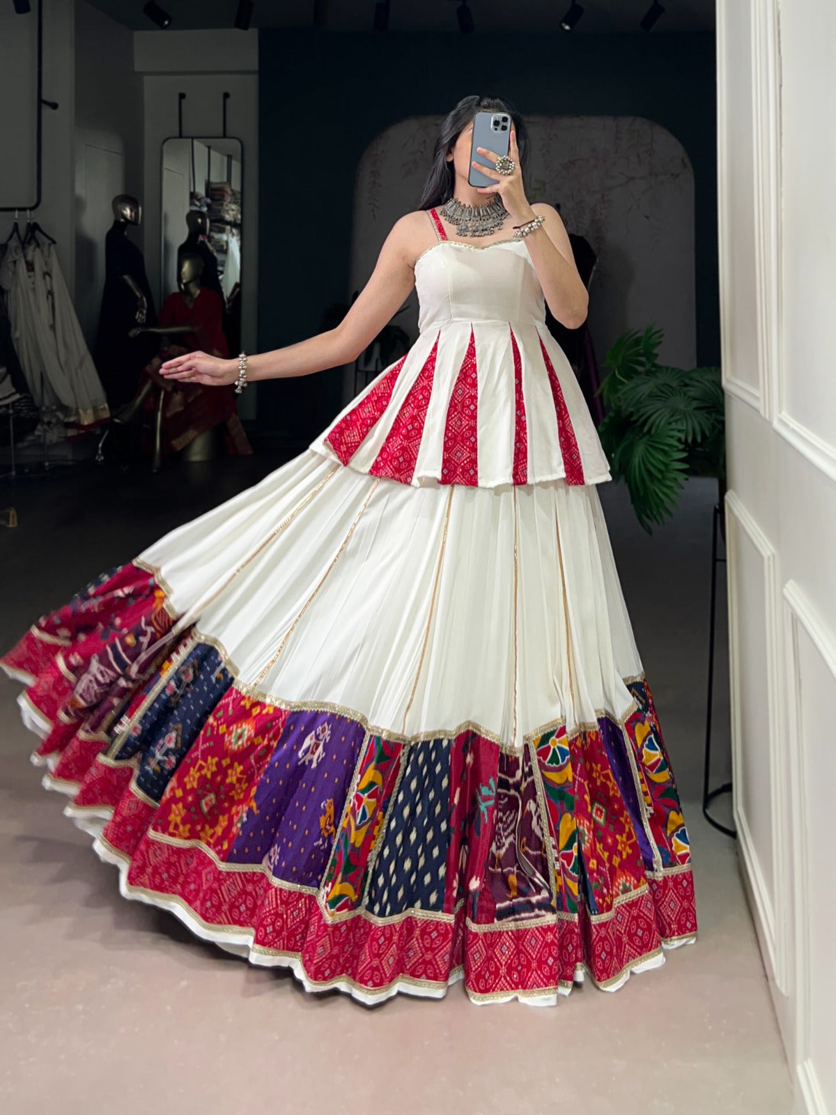 Womenline Graceful White Navratri Lehenga Choli With Traditional Prints