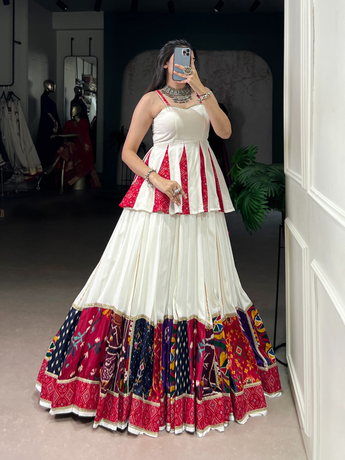 Womenline Graceful White Navratri Lehenga Choli With Traditional Prints