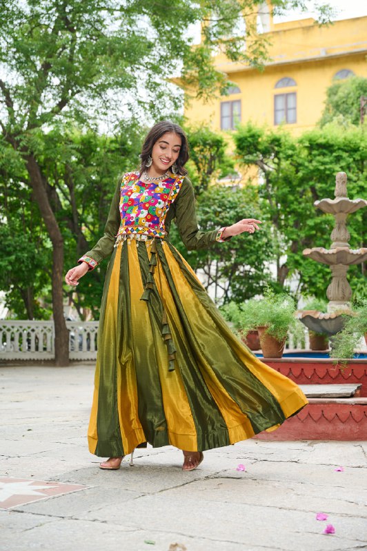 Womenline Green And Yellow Color Chinnon Pedding Navratri Lehenga choli