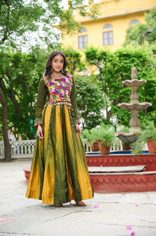 Womenline Green And Yellow Color Chinnon Pedding Navratri Lehenga choli