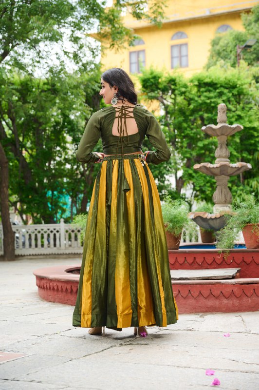 Womenline Green And Yellow Color Chinnon Pedding Navratri Lehenga choli