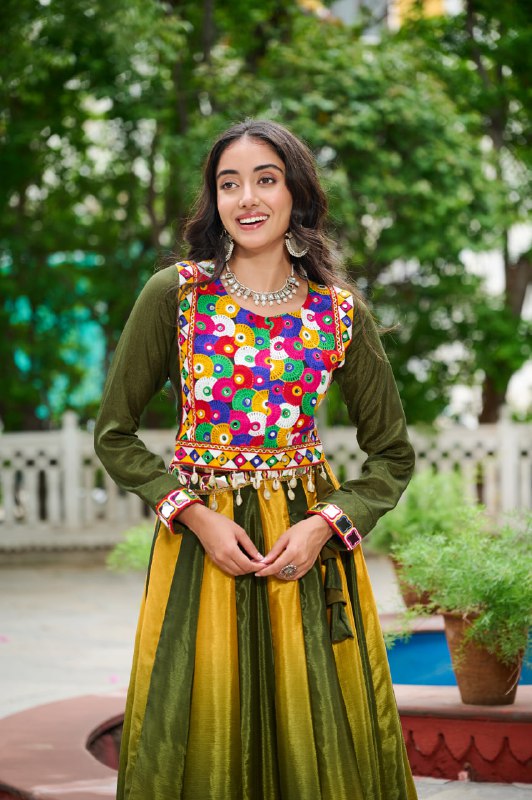 Womenline Green And Yellow Color Chinnon Pedding Navratri Lehenga choli