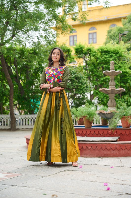 Womenline Green And Yellow Color Chinnon Pedding Navratri Lehenga choli