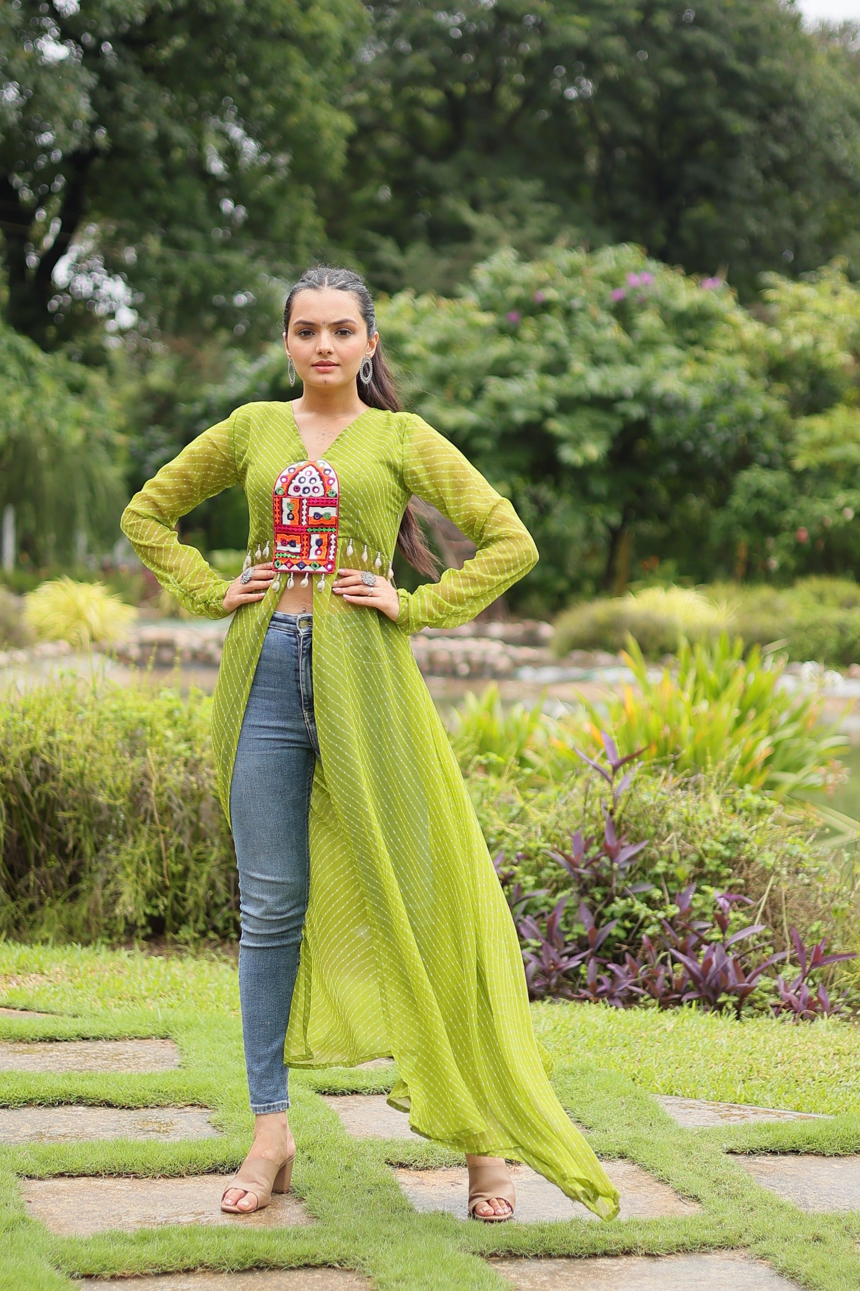 Womenline Green Color Faux Georgette Navratri Kurti