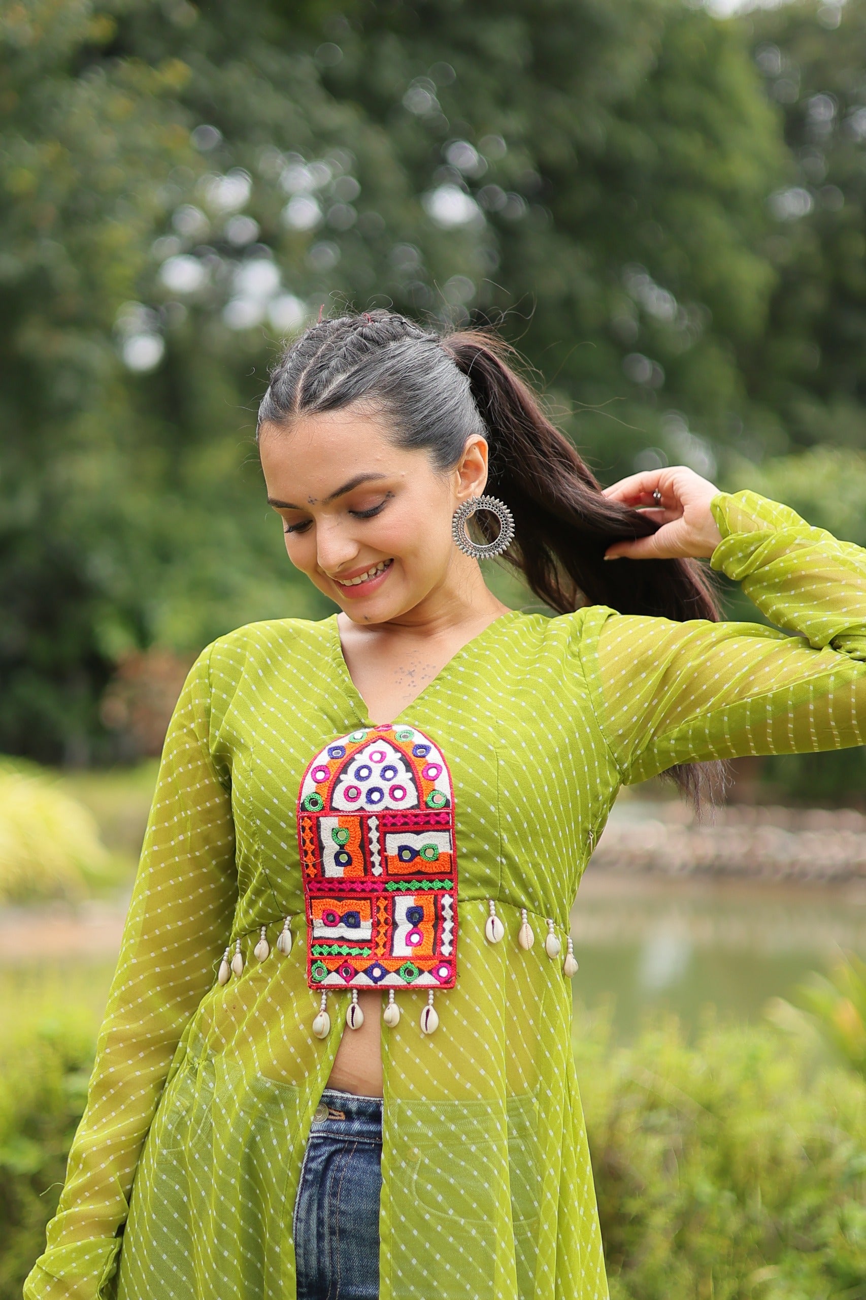 Womenline Green Color Faux Georgette Navratri Kurti