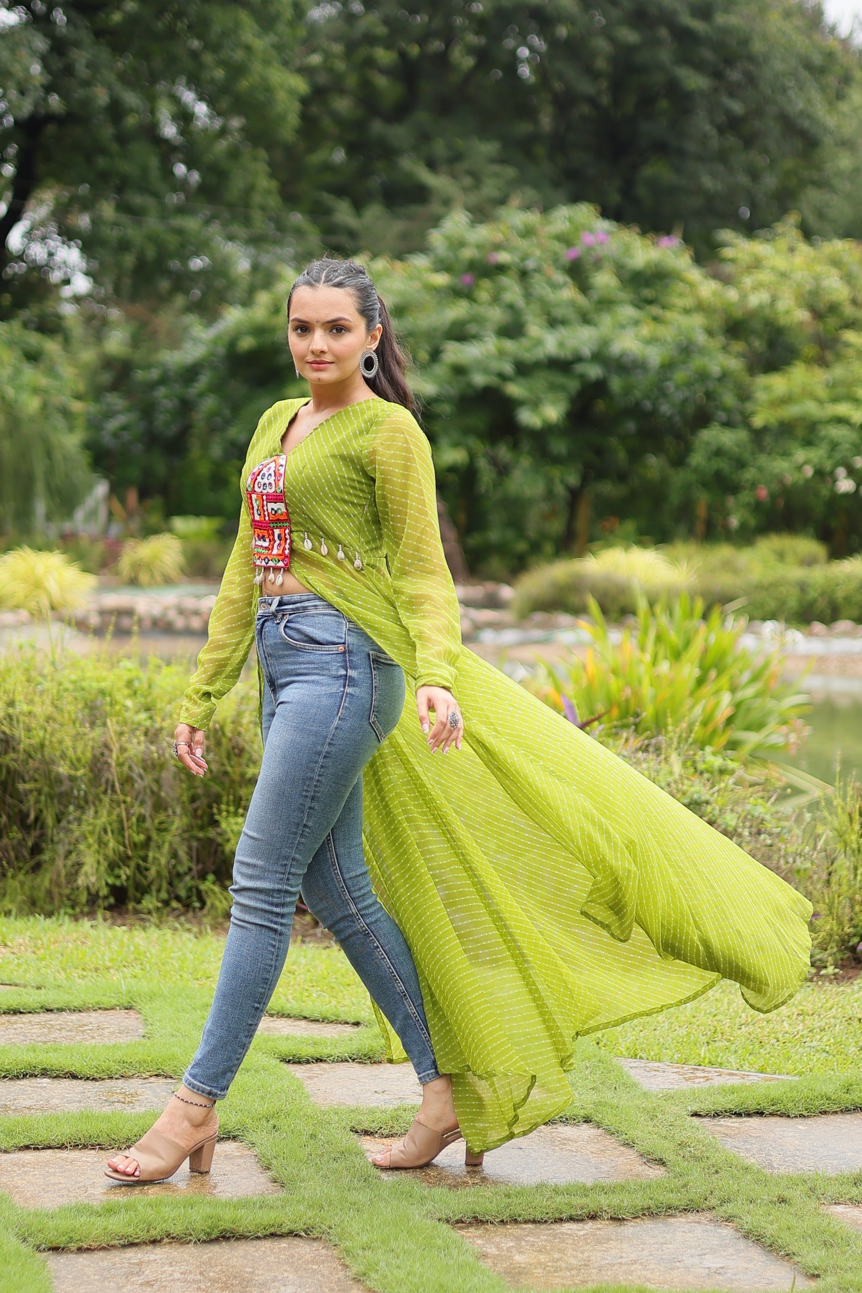 Womenline Green Color Faux Georgette Navratri Kurti