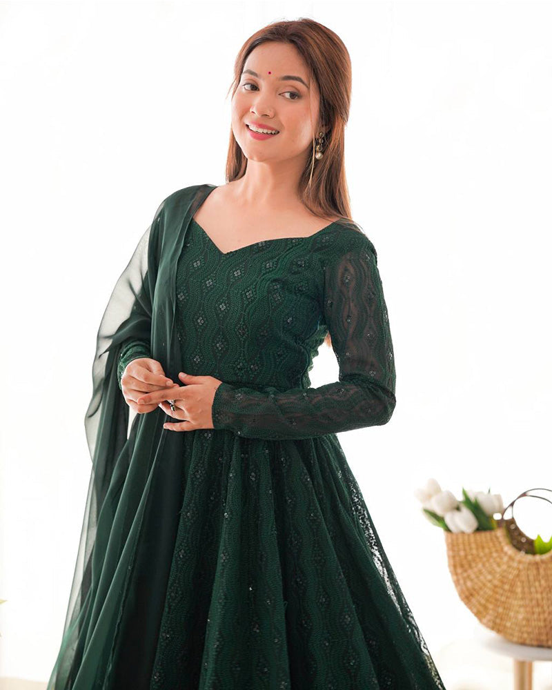 Womenline Green Color Georgette Lucknowi Three Piece Anarkali Suit