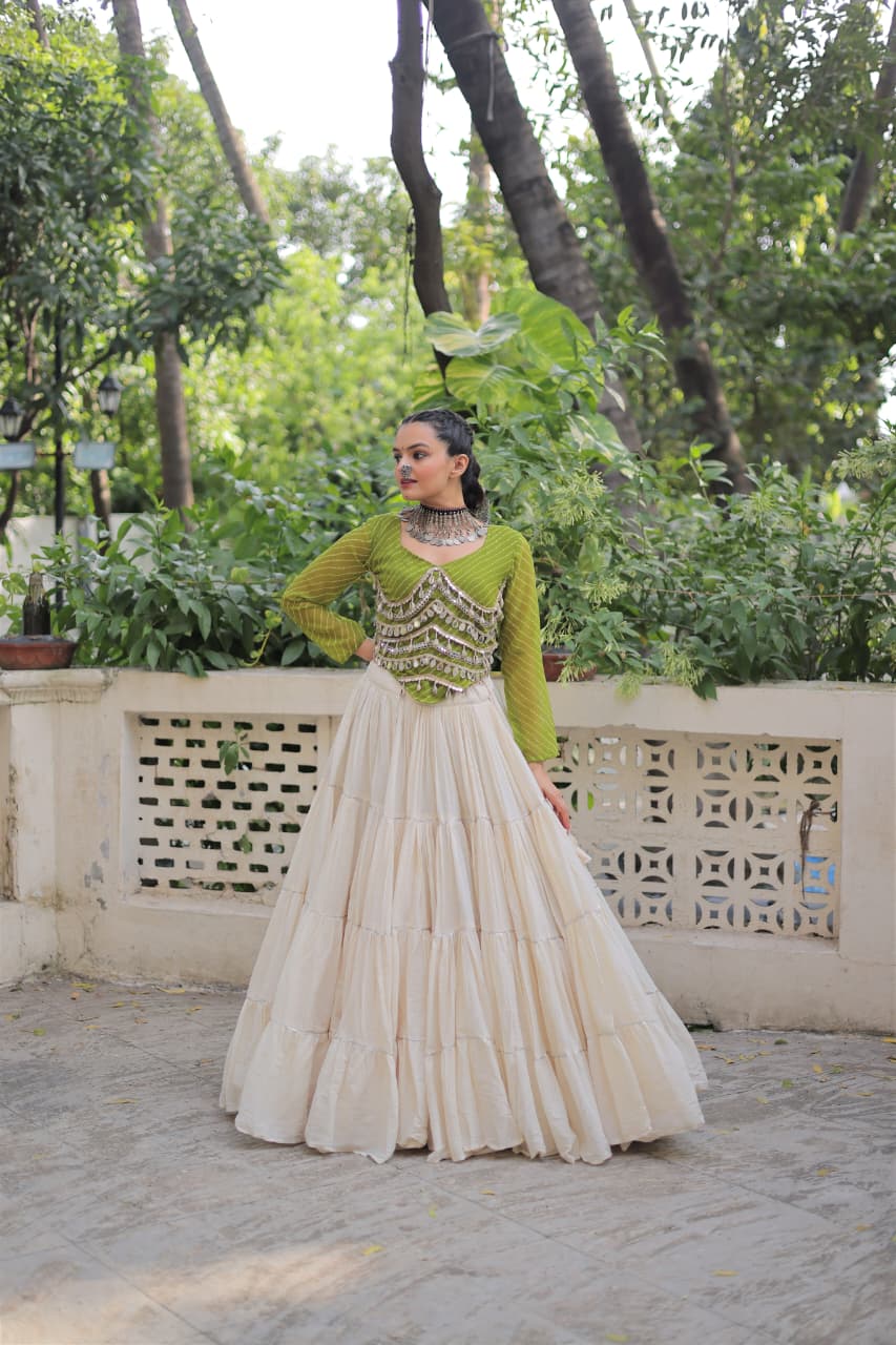 Womenline Green Color Kora Cotton Navratri Lehenga Choli