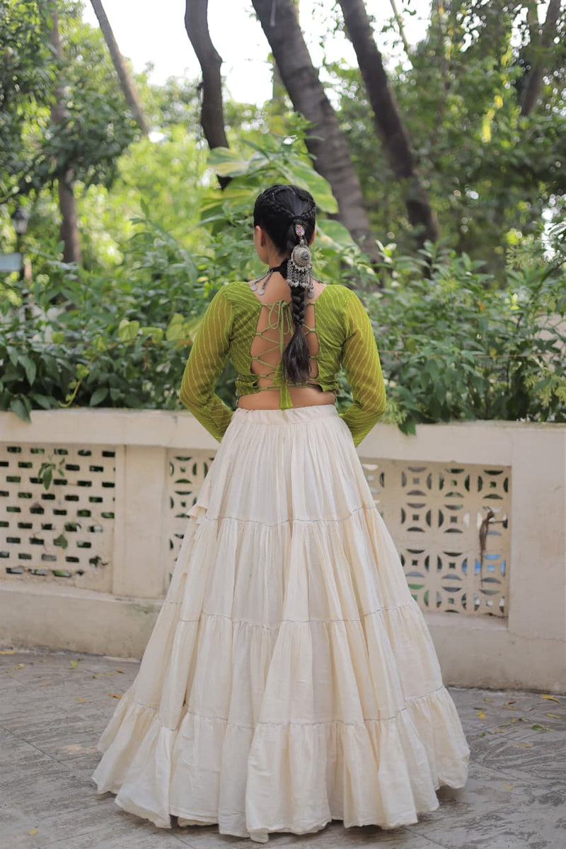 Womenline Green Color Kora Cotton Navratri Lehenga Choli