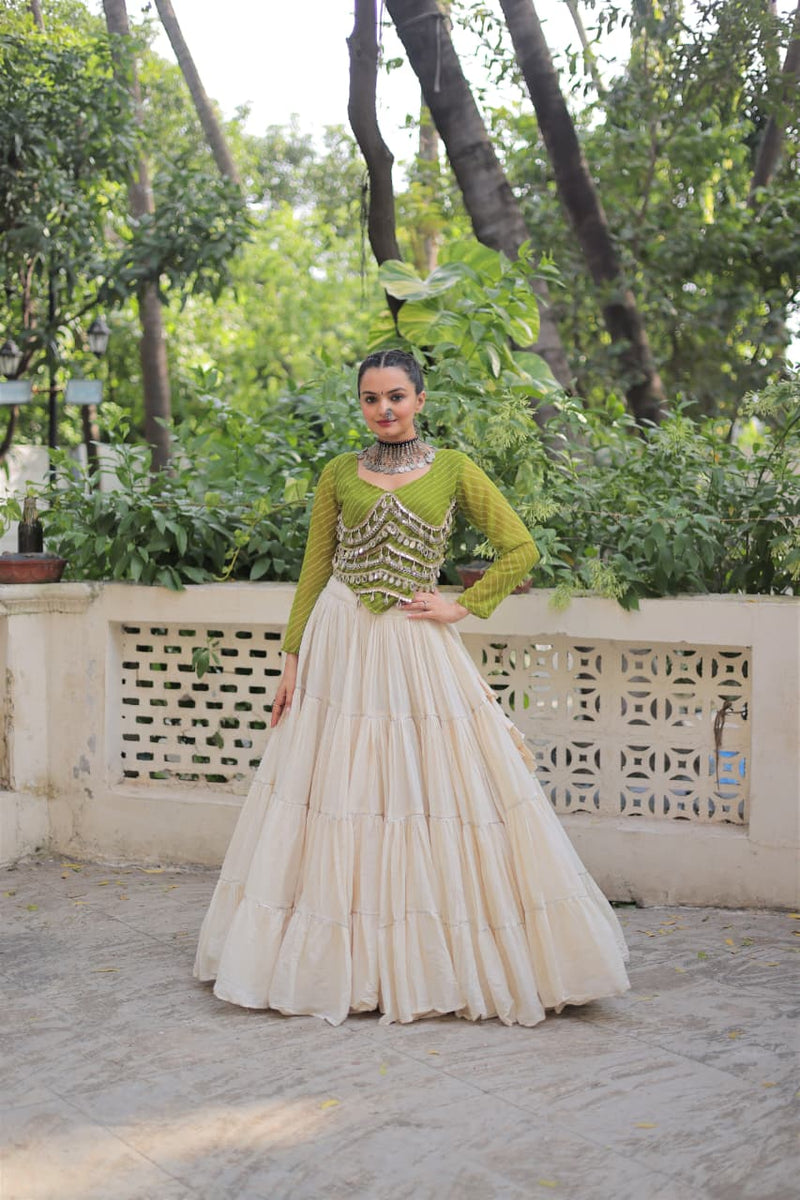 Womenline Green Color Kora Cotton Navratri Lehenga Choli