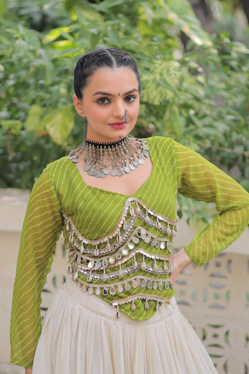 Womenline Green Color Kora Cotton Navratri Lehenga Choli