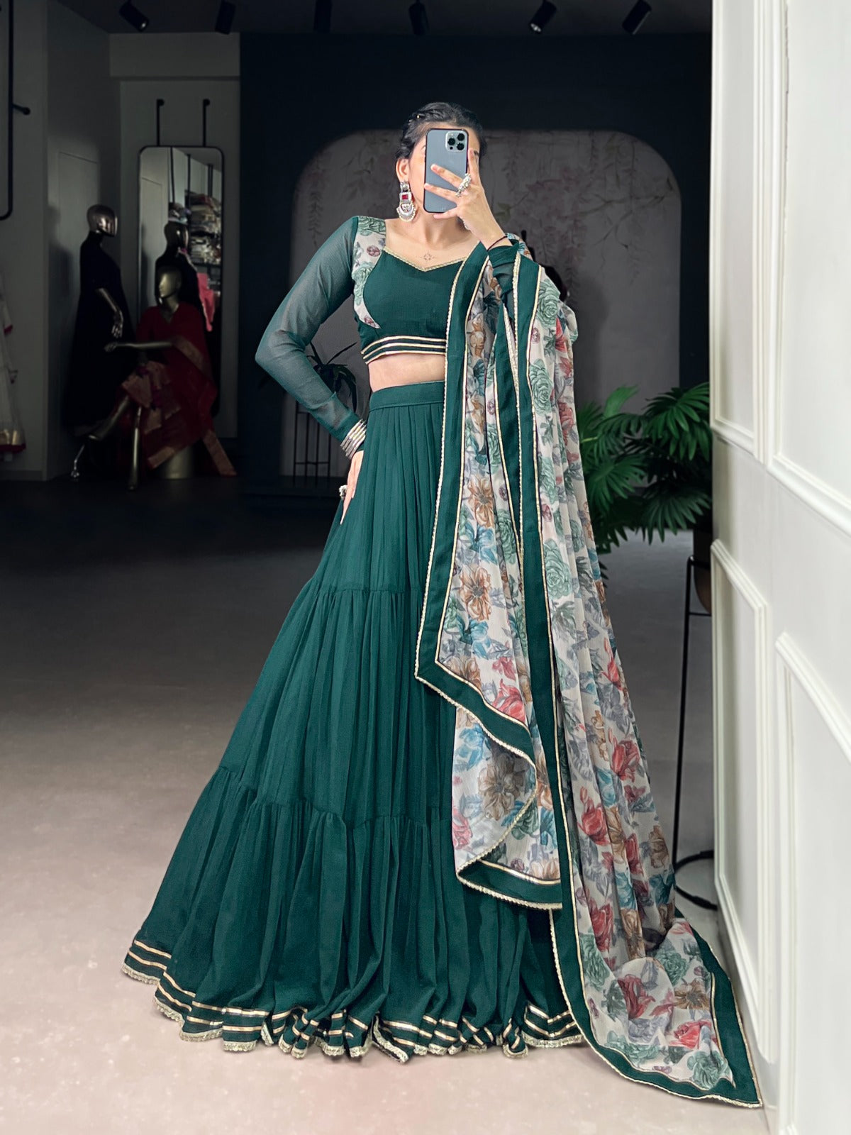 Womenline Green Color Marble Navratri Lehenga Choli