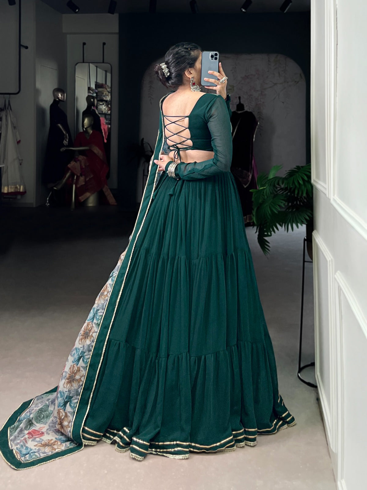 Womenline Green Color Marble Navratri Lehenga Choli
