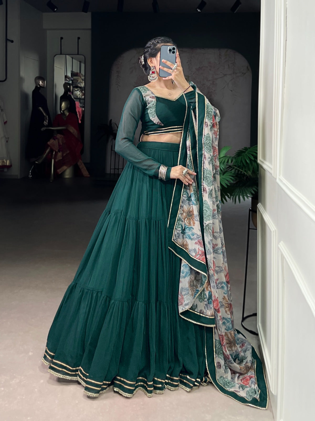 Womenline Green Color Marble Navratri Lehenga Choli