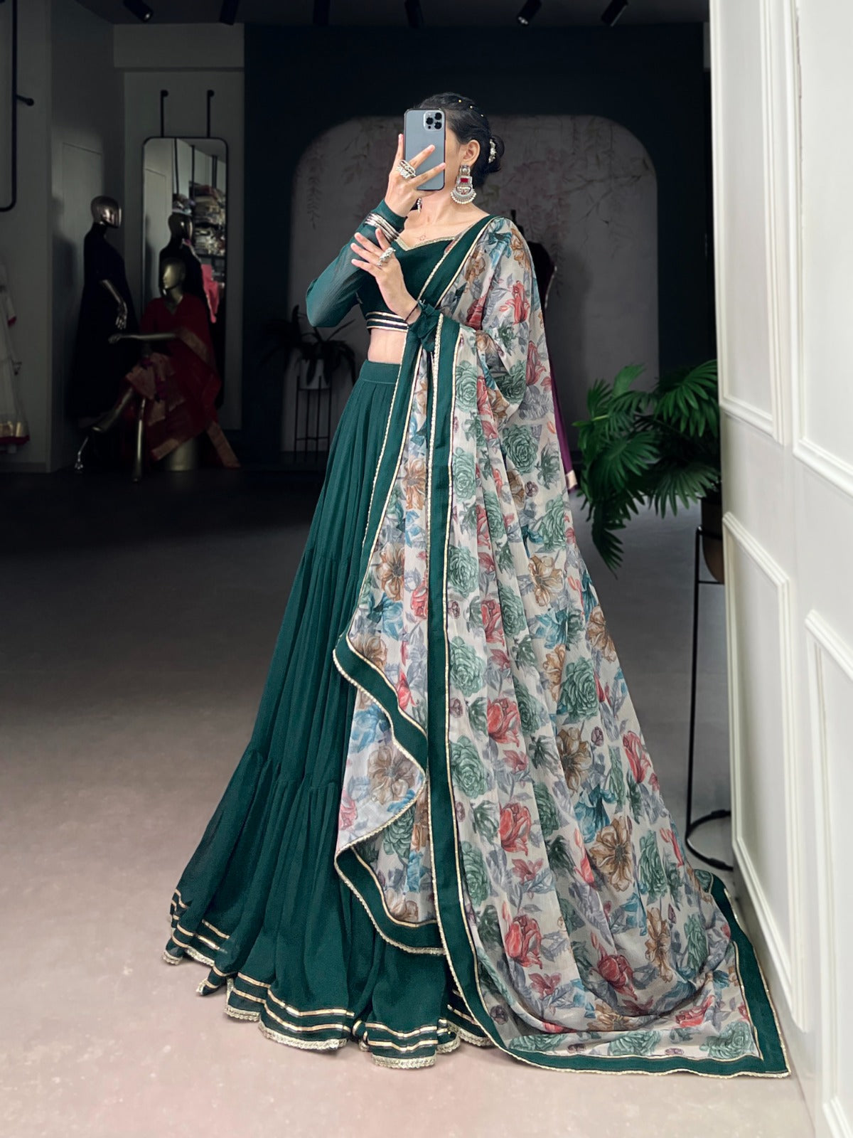Womenline Green Color Marble Navratri Lehenga Choli