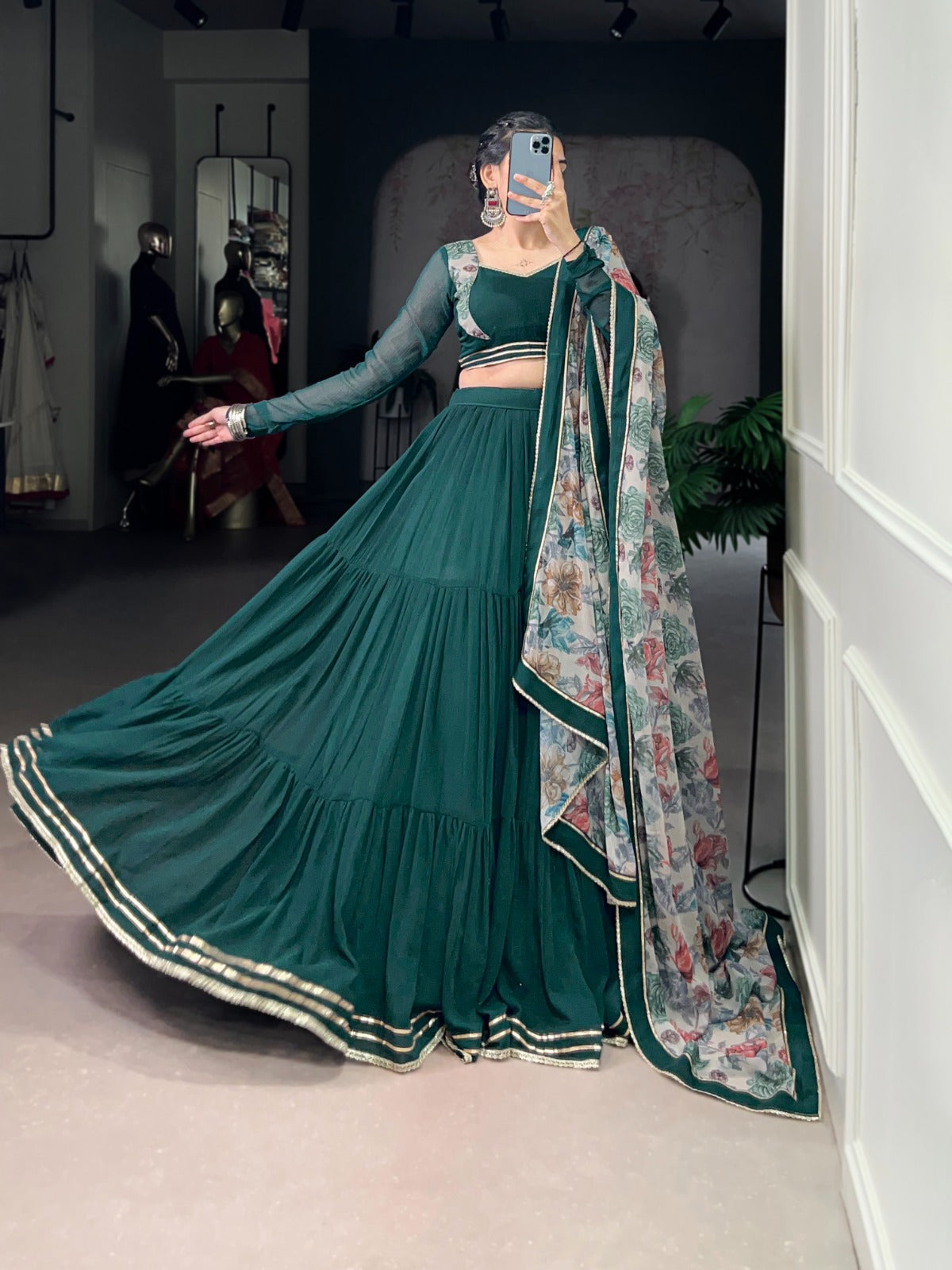 Womenline Green Color Marble Navratri Lehenga Choli