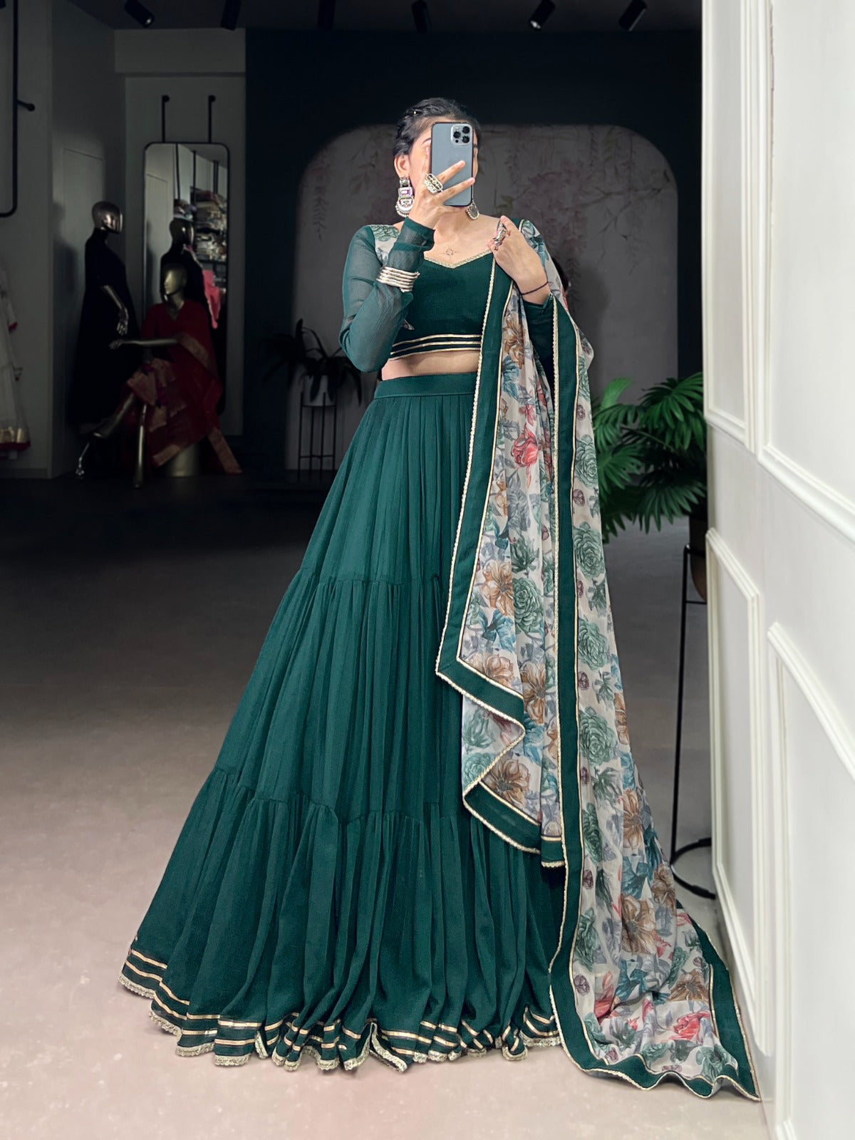 Womenline Green Color Marble Navratri Lehenga Choli