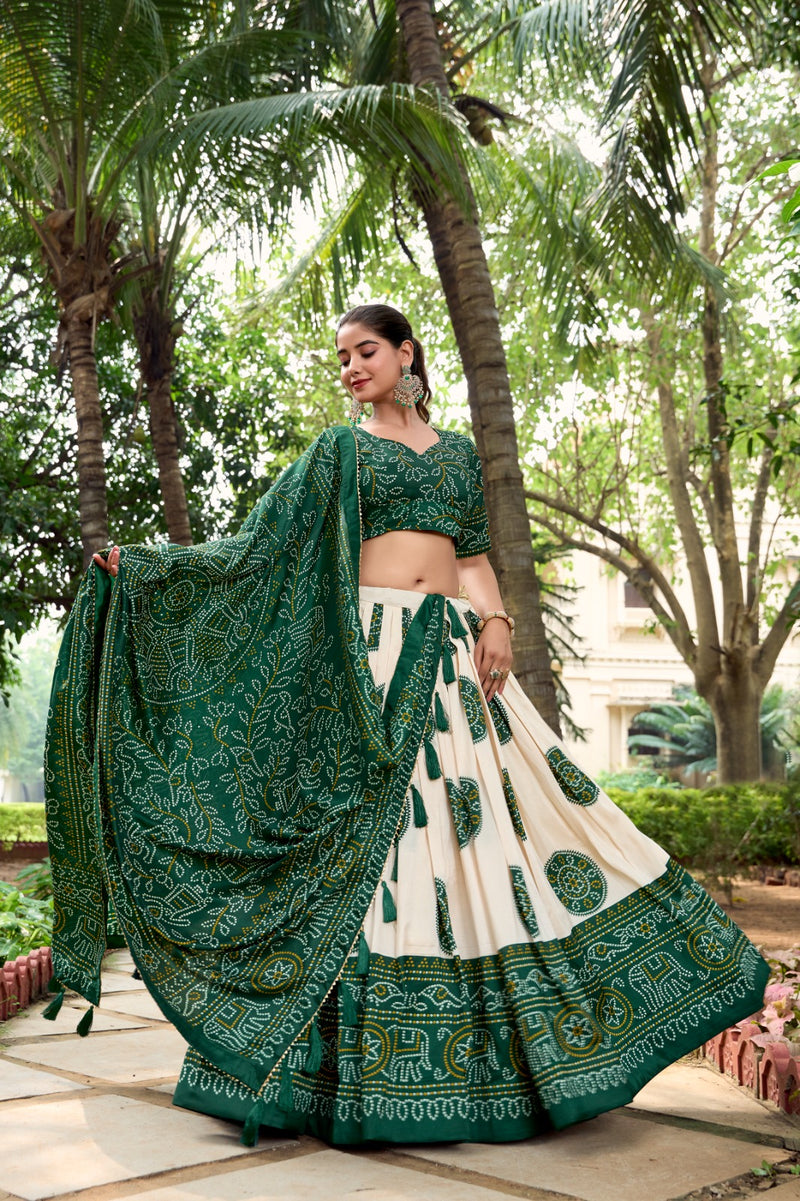 Womenline Green Color Tussar Silk Bandhej Printed Lehenga Choli